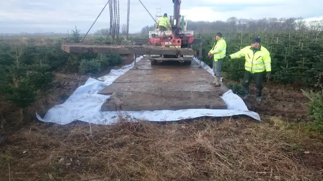 Dźwig samochodowy układa betonową płytę drogową na geowłókninie wśród plantacji drzew