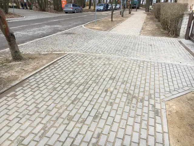 Skrzyżowanie ciągów pieszych z kostki granitowej przy ulicy, otoczone drzewami