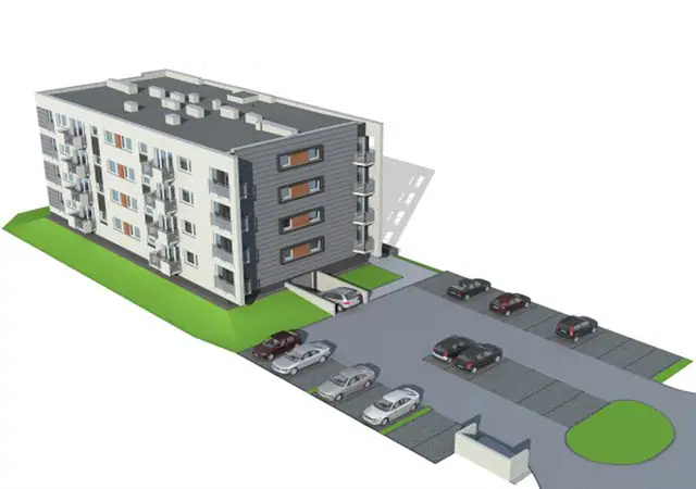Wizualizacja budynku z lotu ptaka z zaznaczonym parkingiem i miejscami postojowymi