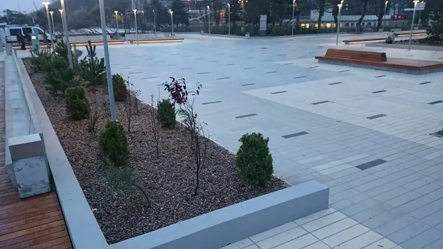 Narożnik placu przy molo w Kołobrzegu z rabatą żwirową, niskimi krzewami i fragmentem drewnianej ławki