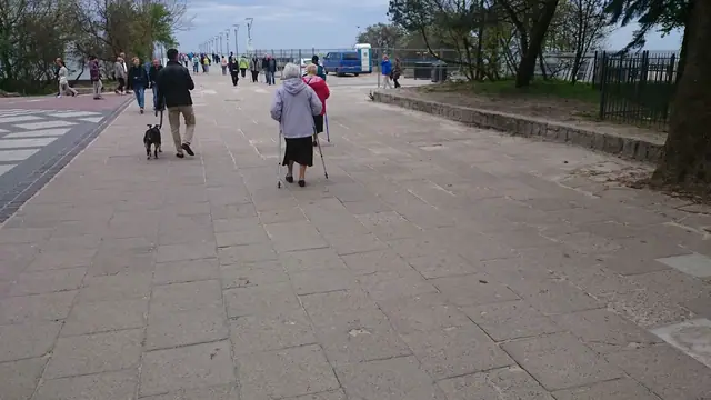 Starsi spacerowicze z psem idą starym betonowym chodnikiem promenady przy molo w Kołobrzegu przed remontem