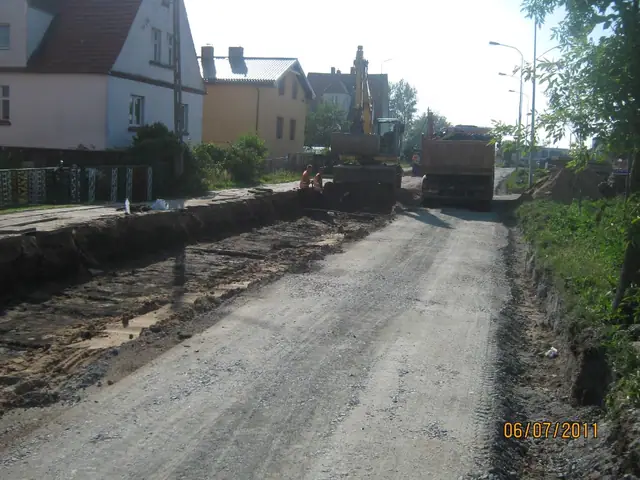 Szeroka wyrównana podbudowa drogi, w dalszej części pracują koparka i wywrotka przy domach