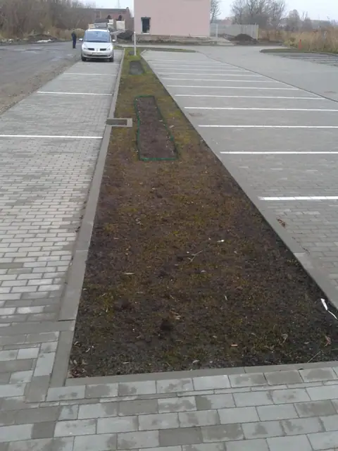 Pas ziemi obsadzony trawą między parkingiem a chodnikiem z kostki brukowej osiedla