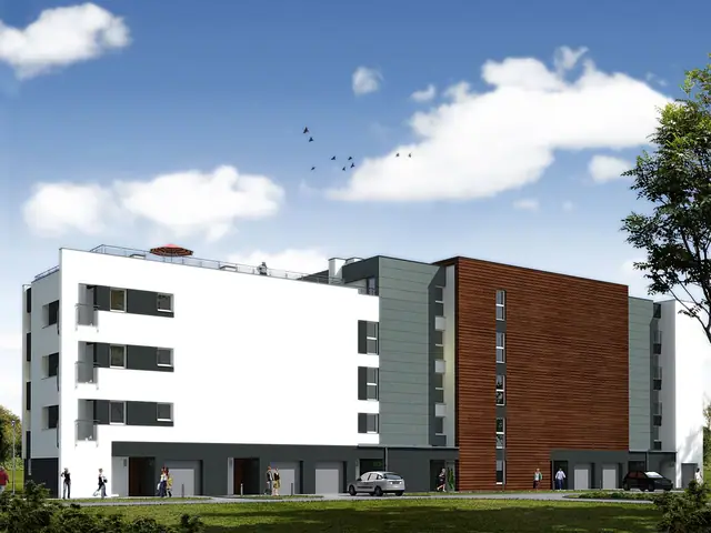 Wizualizacja budynku z drewnianą okładziną elewacji i tarasem widokowym na dachu