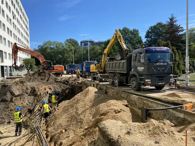 Głęboki wykop z workami piasku i zbrojeniem, ekipa w kaskach przy ciężarówce
