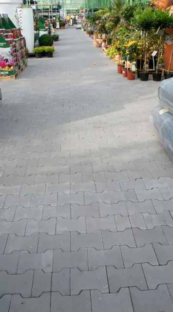 Nawierzchnia z ażurowej kostki betonowej pomiędzy stoiskami roślin i zaparkowanym samochodem
